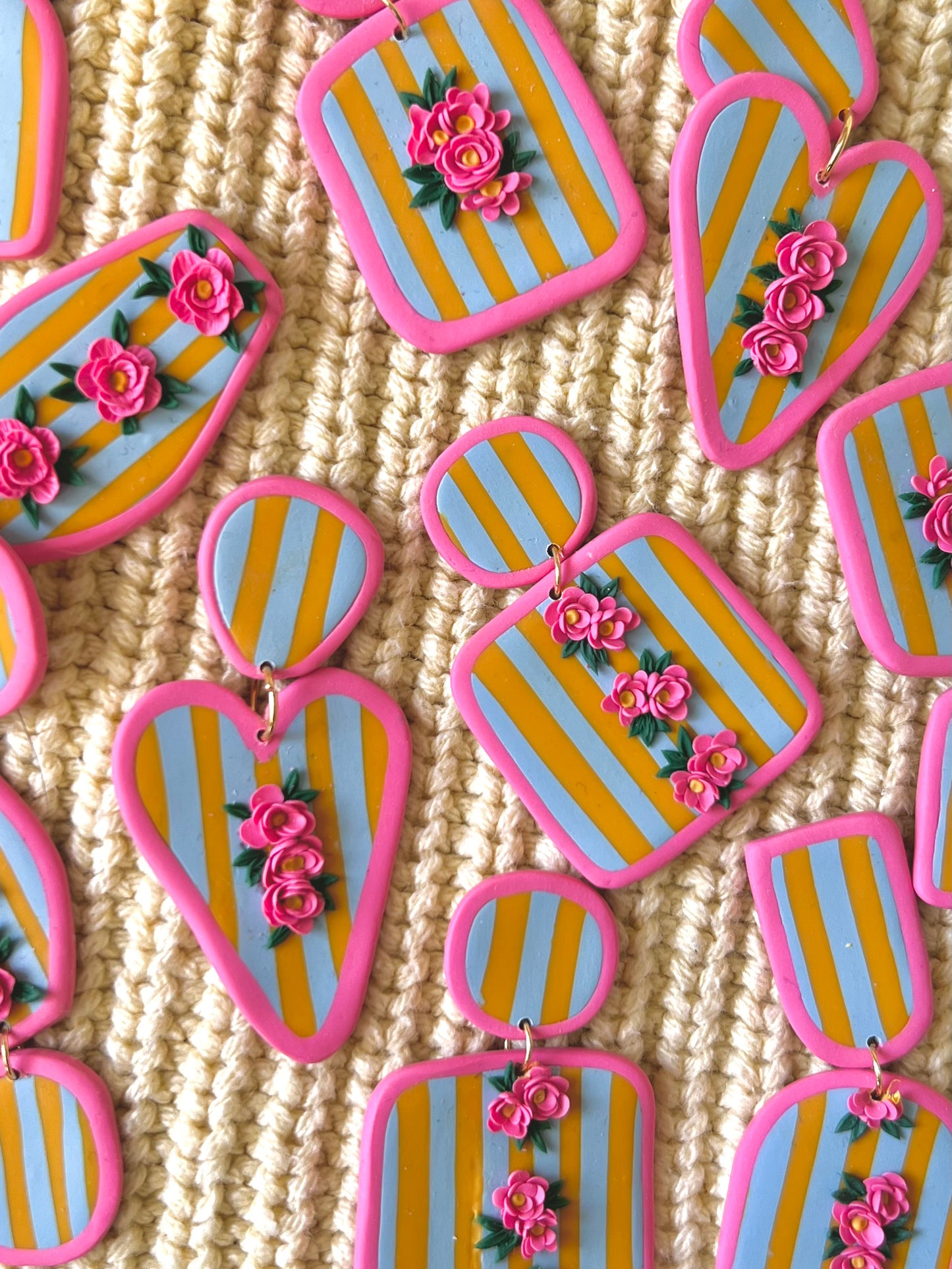 Yellow, Pink & Blue Striped Floral Earrings - Abstract Rectangle Dangles