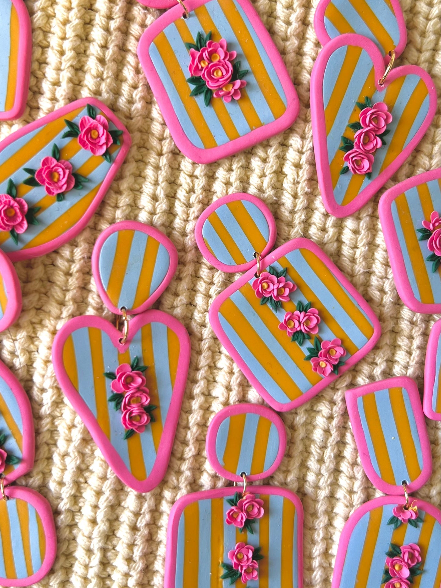 Yellow, Pink & Blue Striped Floral Earrings - Abstract Heart Dangles