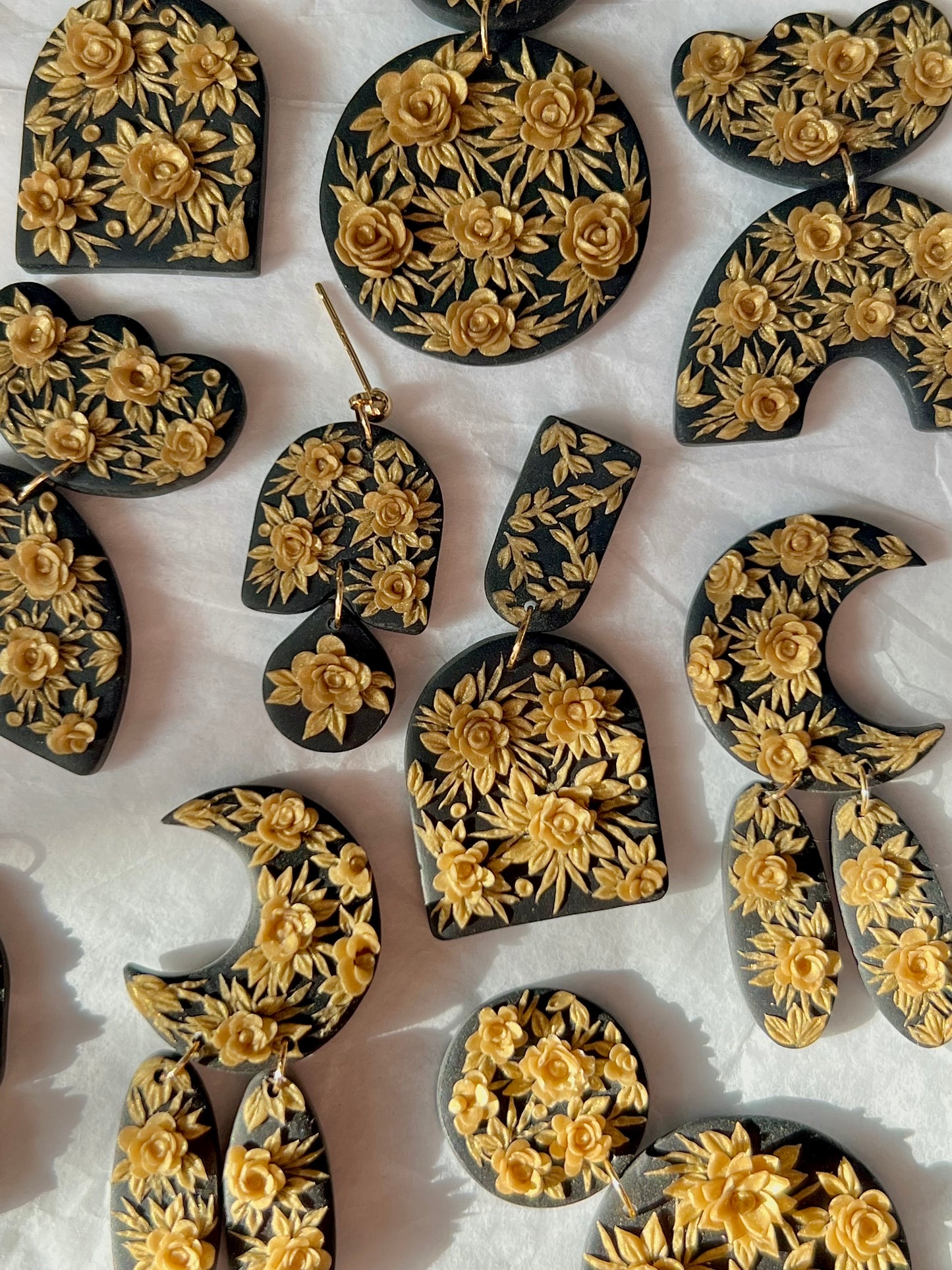 Crescent Dangle Gold Floral Earrings