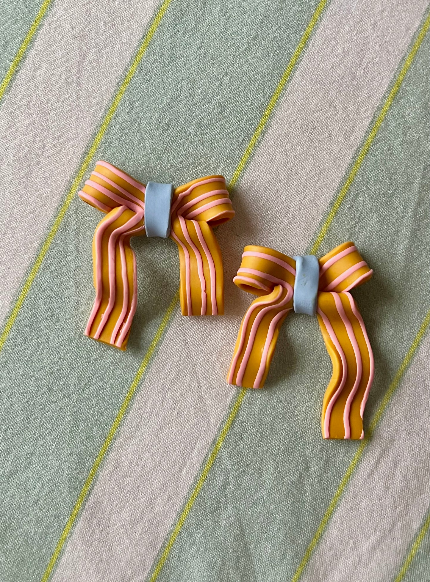 Yellow, Blue & Pink Striped Bow Earrings