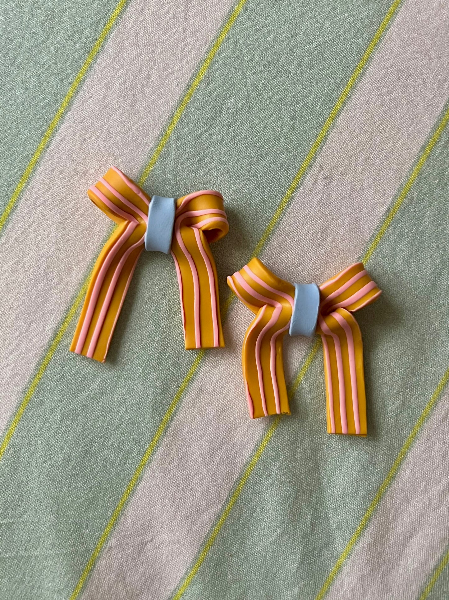 Yellow, Blue & Pink Striped Bow Earrings