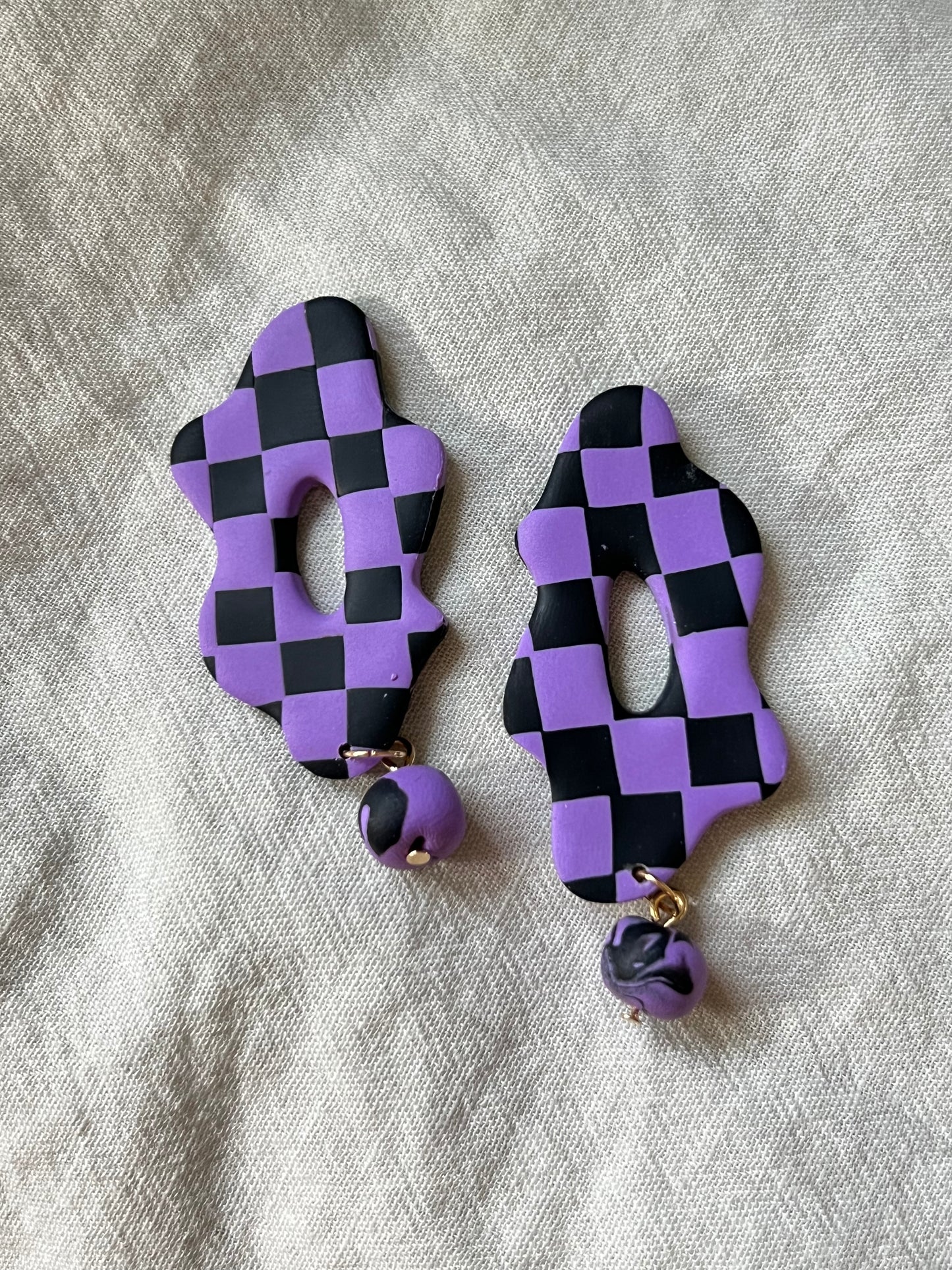 Black & Purple Checkered Organic Squiggle Studs