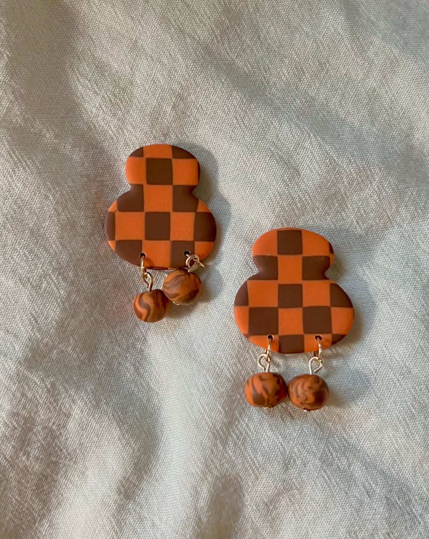 Brown & Orange Checkered Blob Bead Dangles