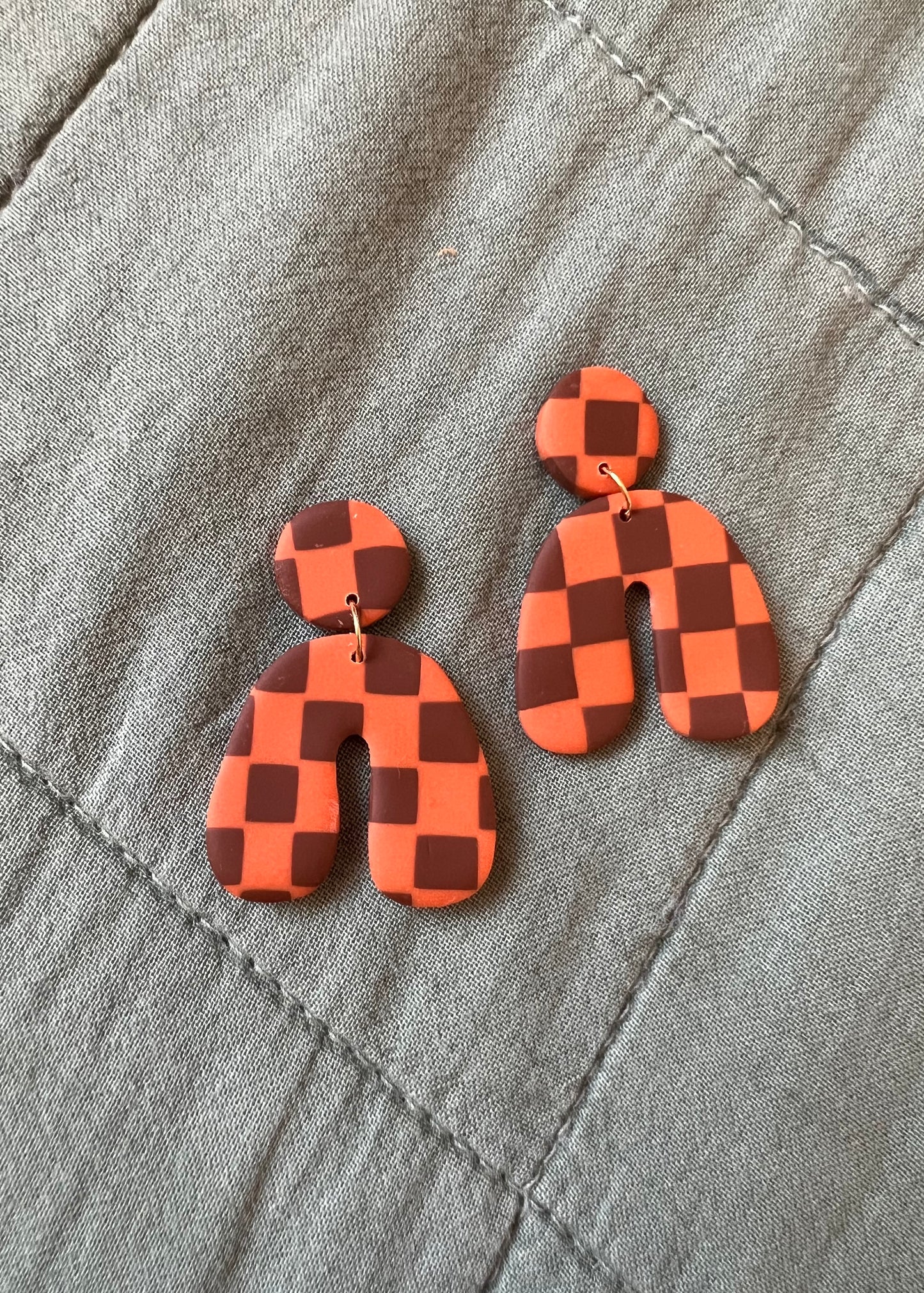Brown & Orange Checkered Curvy Arch Dangles