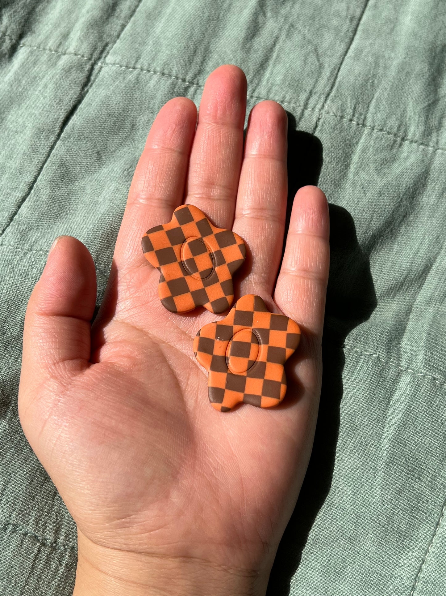 Brown & Orange Checkered Large Flower Studs