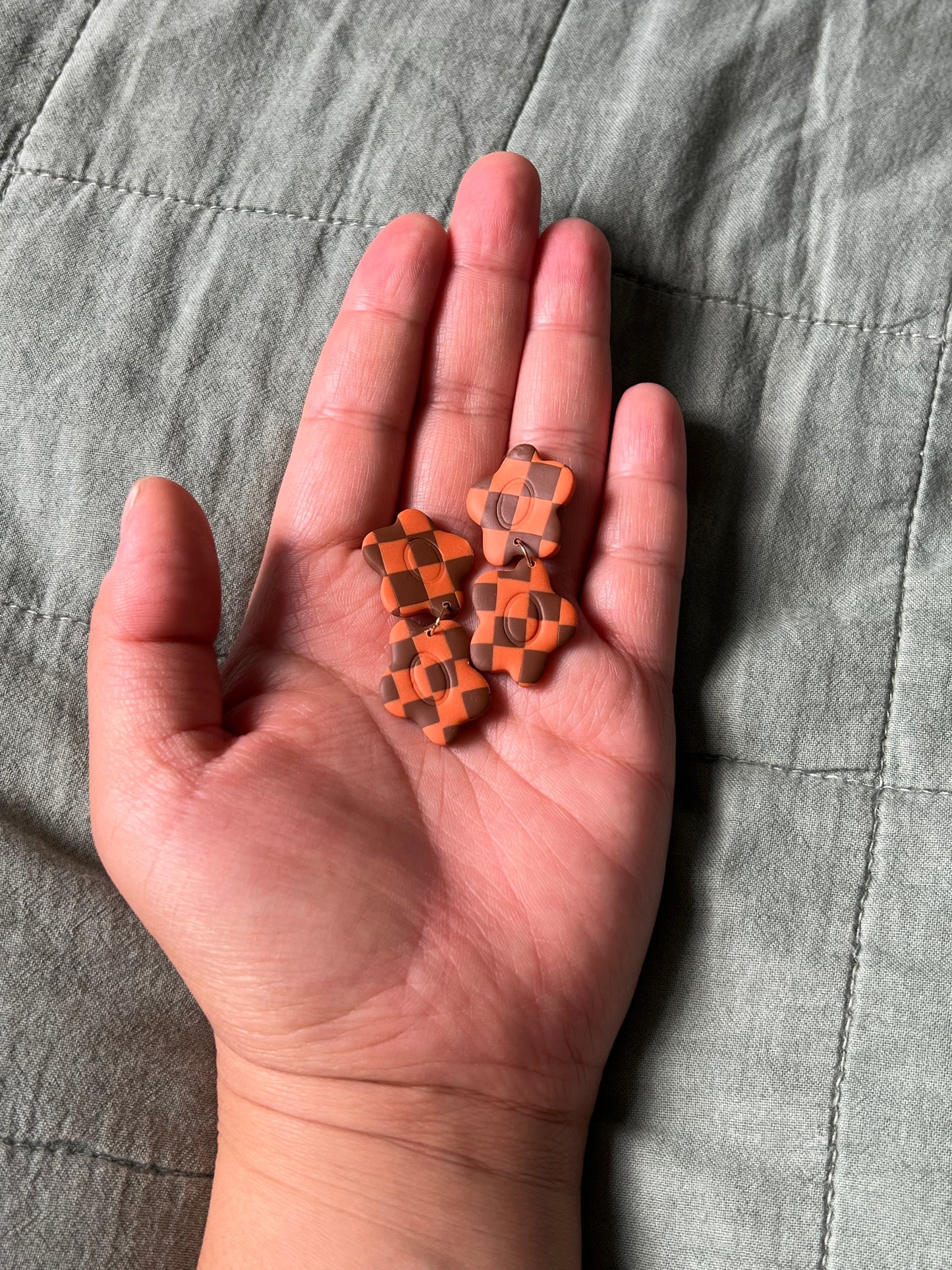 Brown & Orange Checkered Flowers Dangles