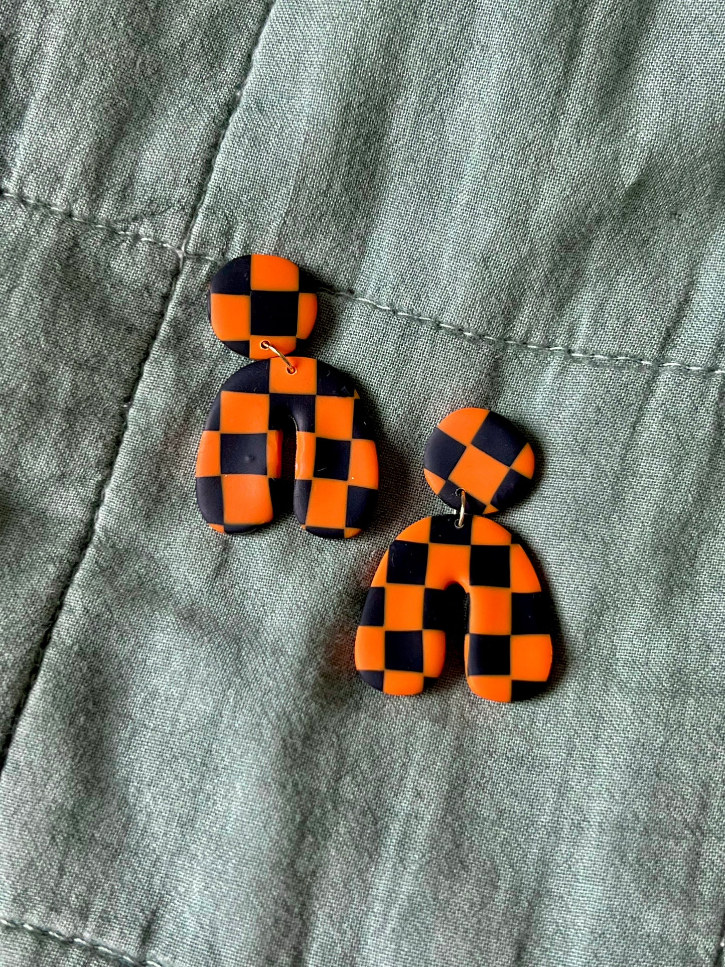 Orange & Black Checkered Curvy Arch Dangles