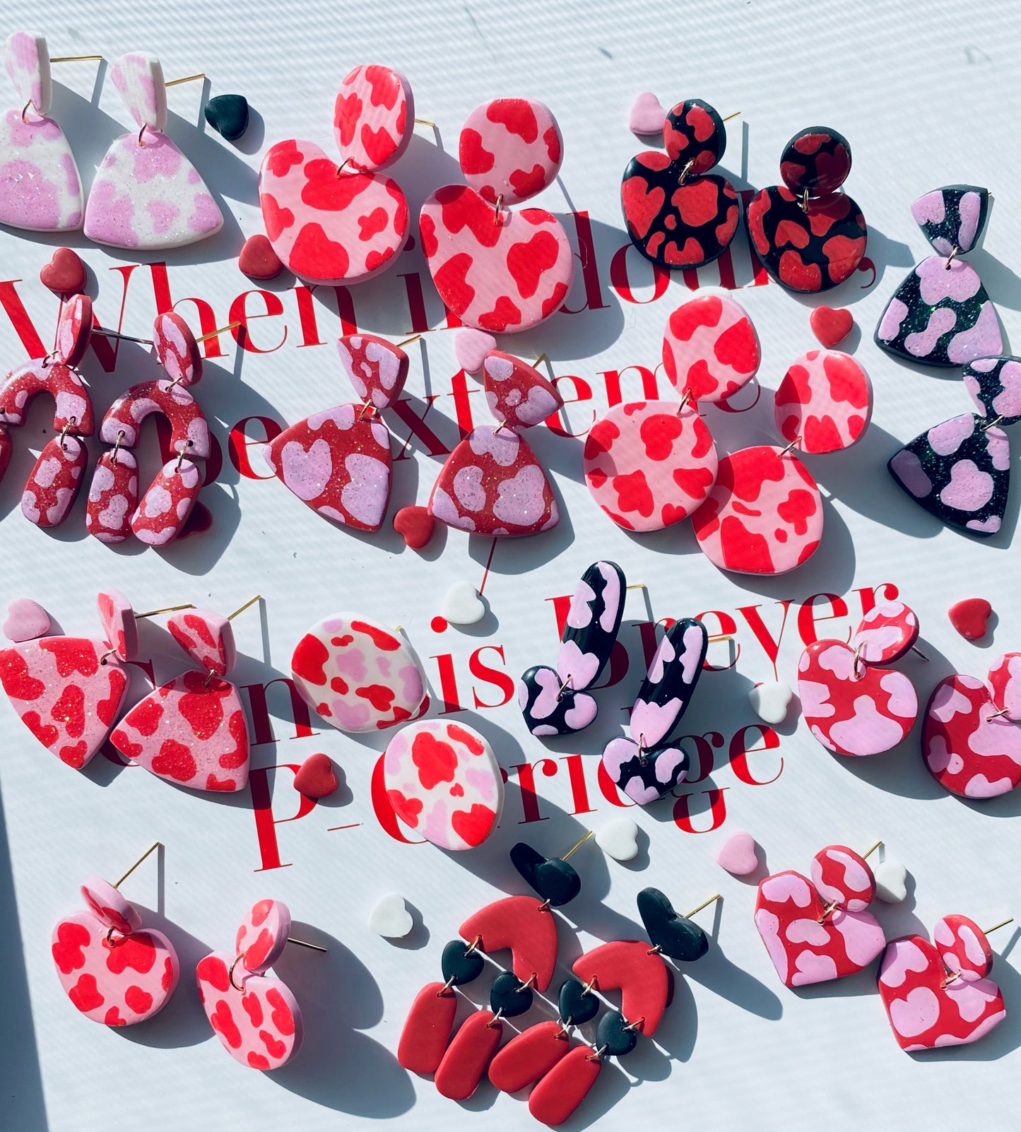 red on pink cow print abstract bean earrings - small