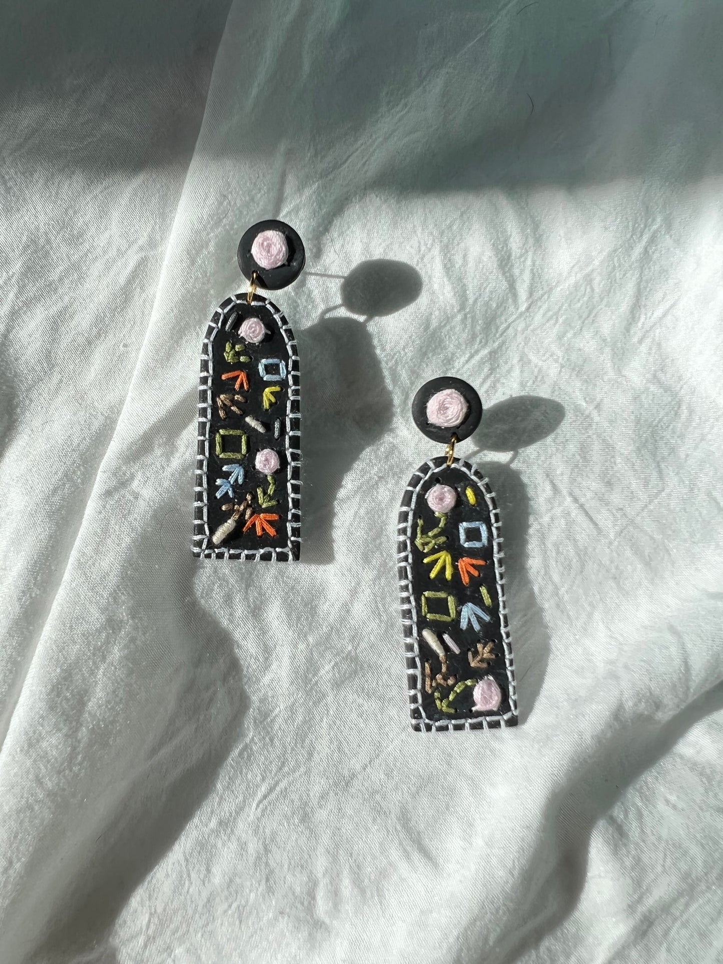 colorful on black blob long arch earringsāthe hand sewn collection