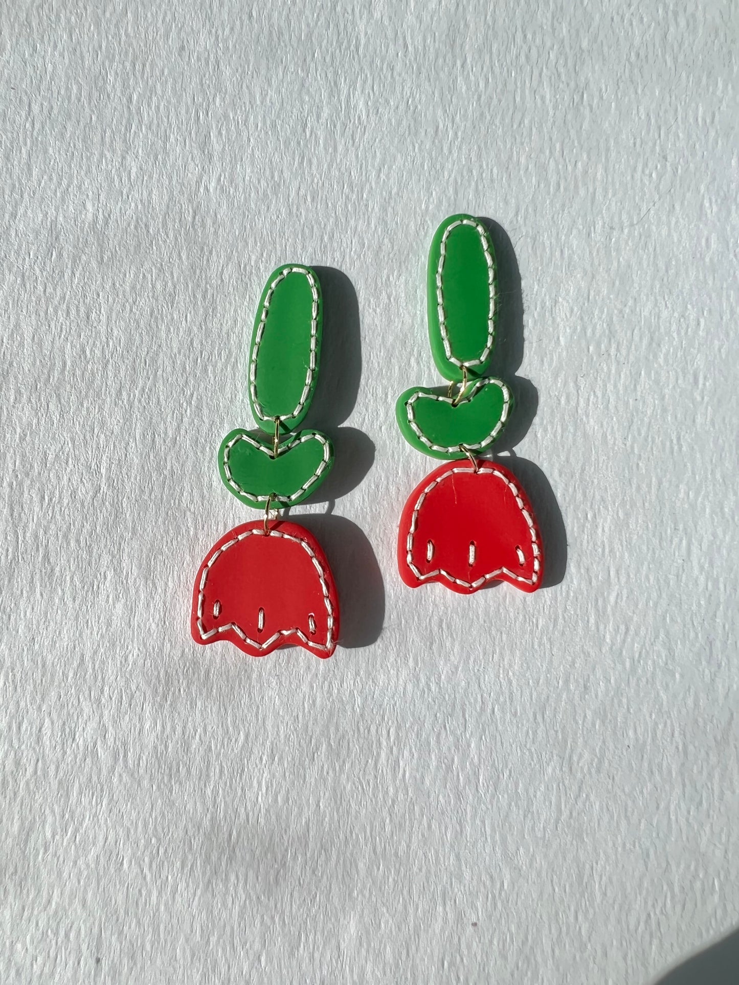 cherry red tulip earrings with hand sewn details