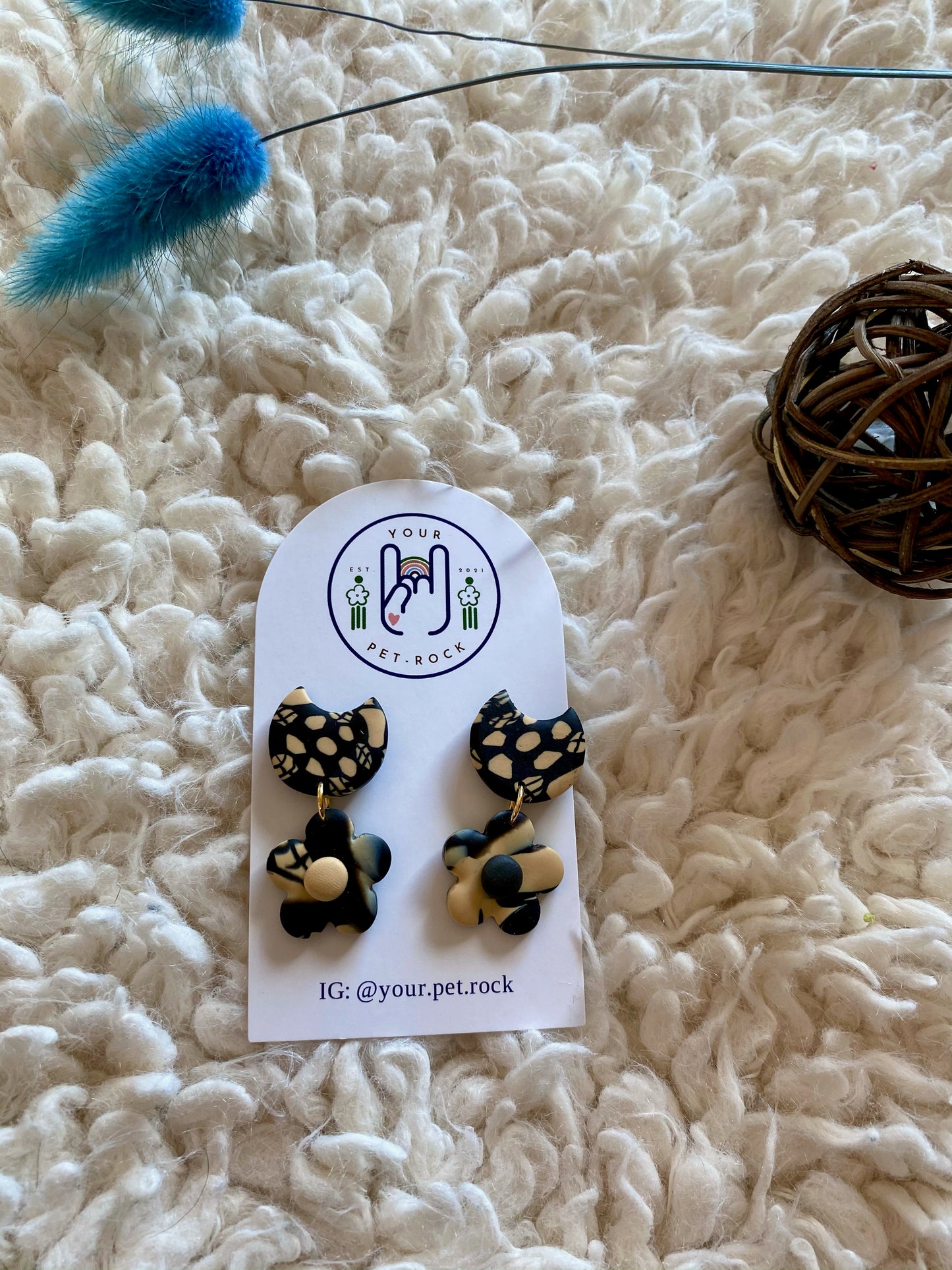 crescent & flower dangles︱natural midnight