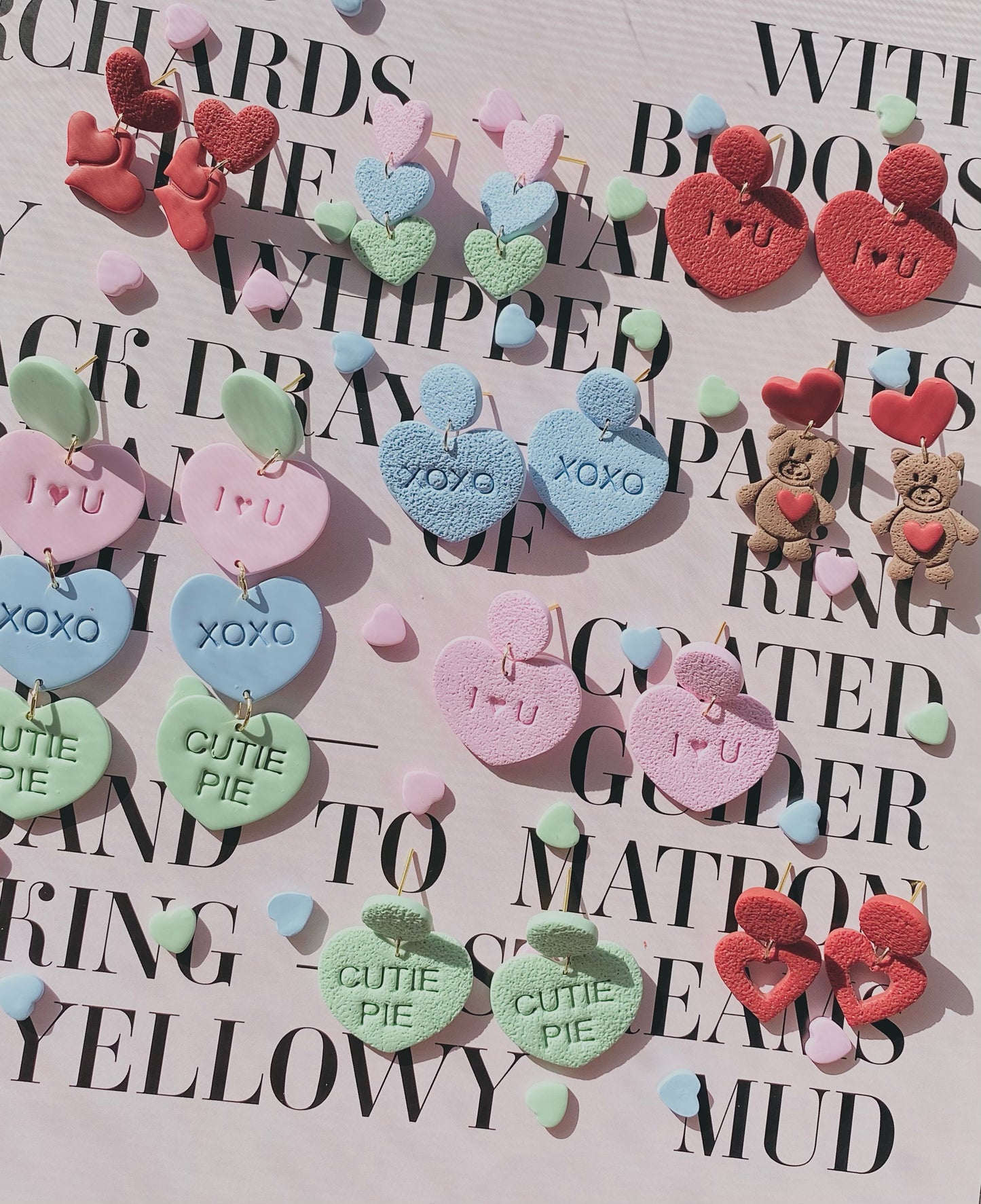 multi pastel toned heart dangle earrings