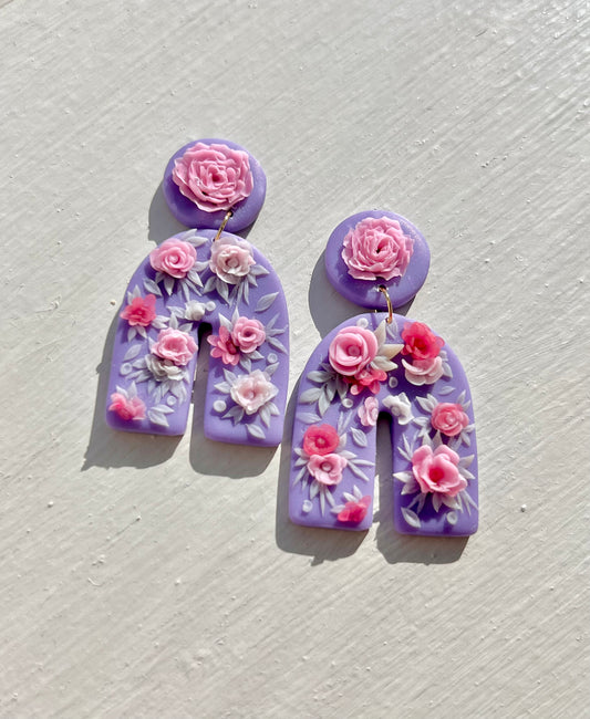 Pastel Roses on Purple Long Arch Earrings