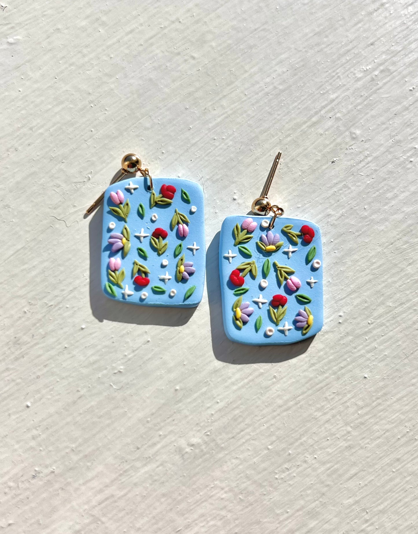 Flower Power on Blue Abstract Rectangle Earrings