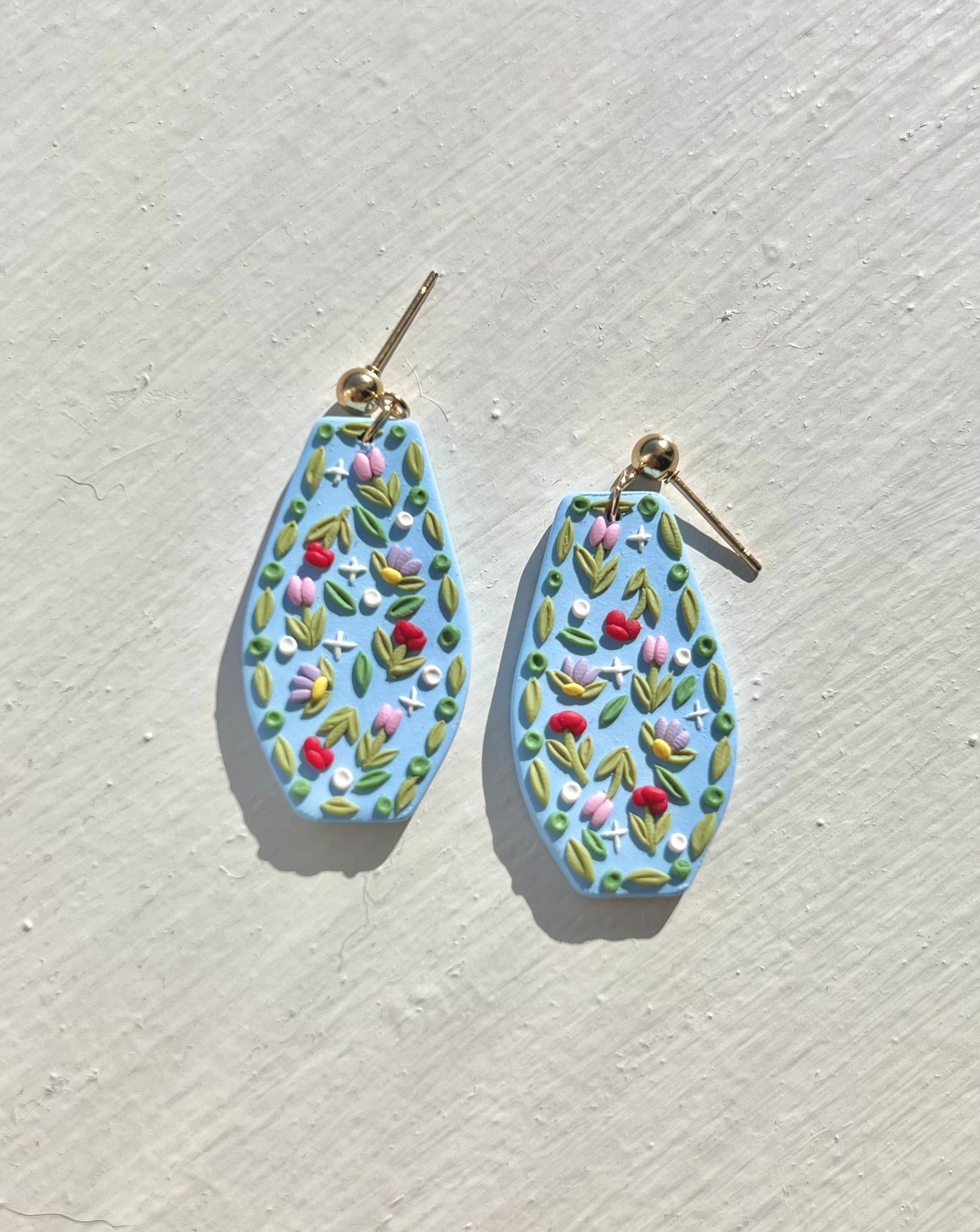 Flower Power on Blue Rounded Trapezoid Earrings