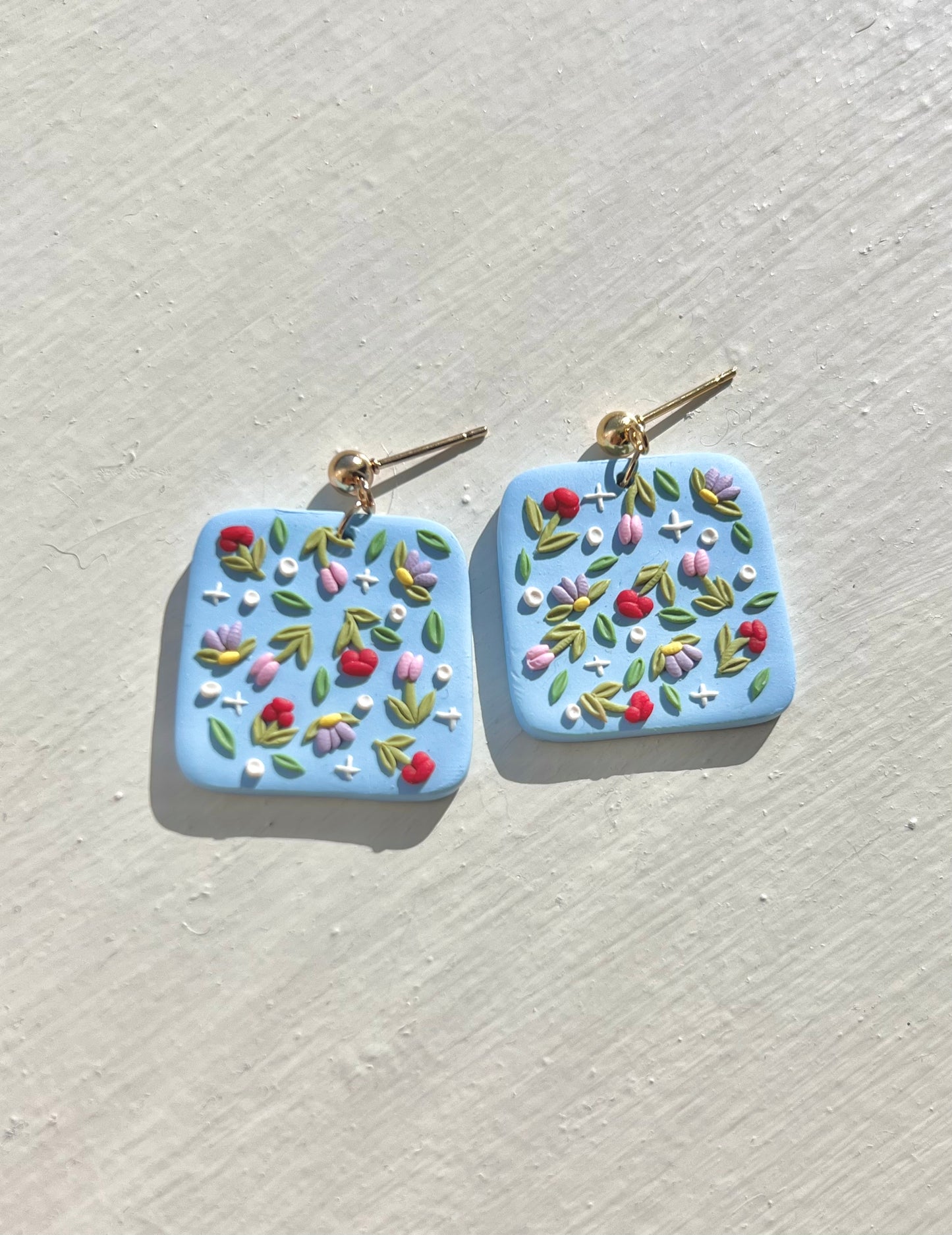 Flower Power on Blue Rounded Square Earrings