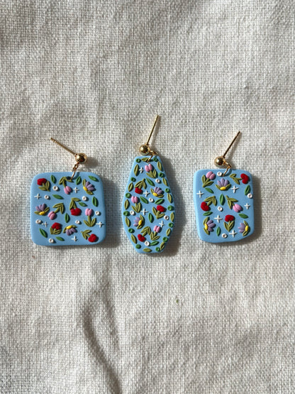 Flower Power on Blue Rounded Square Earrings