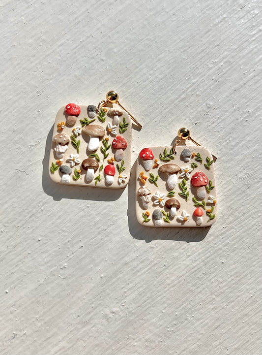 Cottage Mushroom Rounded Square Drop Earrings