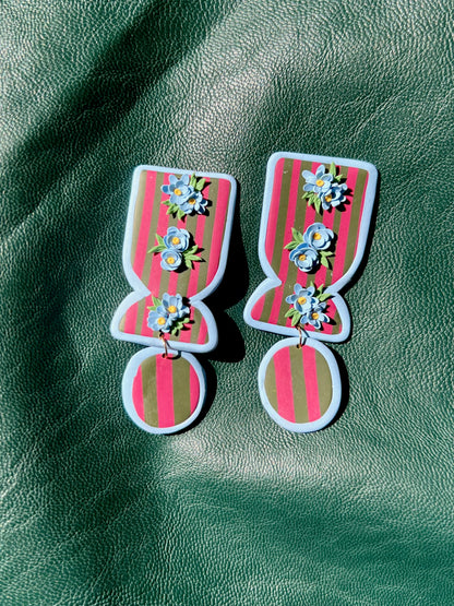 Green, Blue & Hot Pink Striped Floral Earrings - Rectangle+Trapezoid Dangles