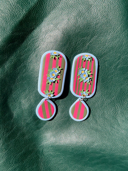 Green, Blue & Hot Pink Striped Floral Earrings - Oval Dangles