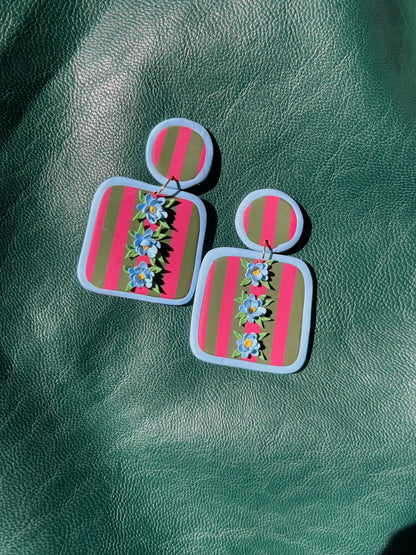 Green, Blue & Hot Pink Striped Floral Earrings - Abstract Square Dangles