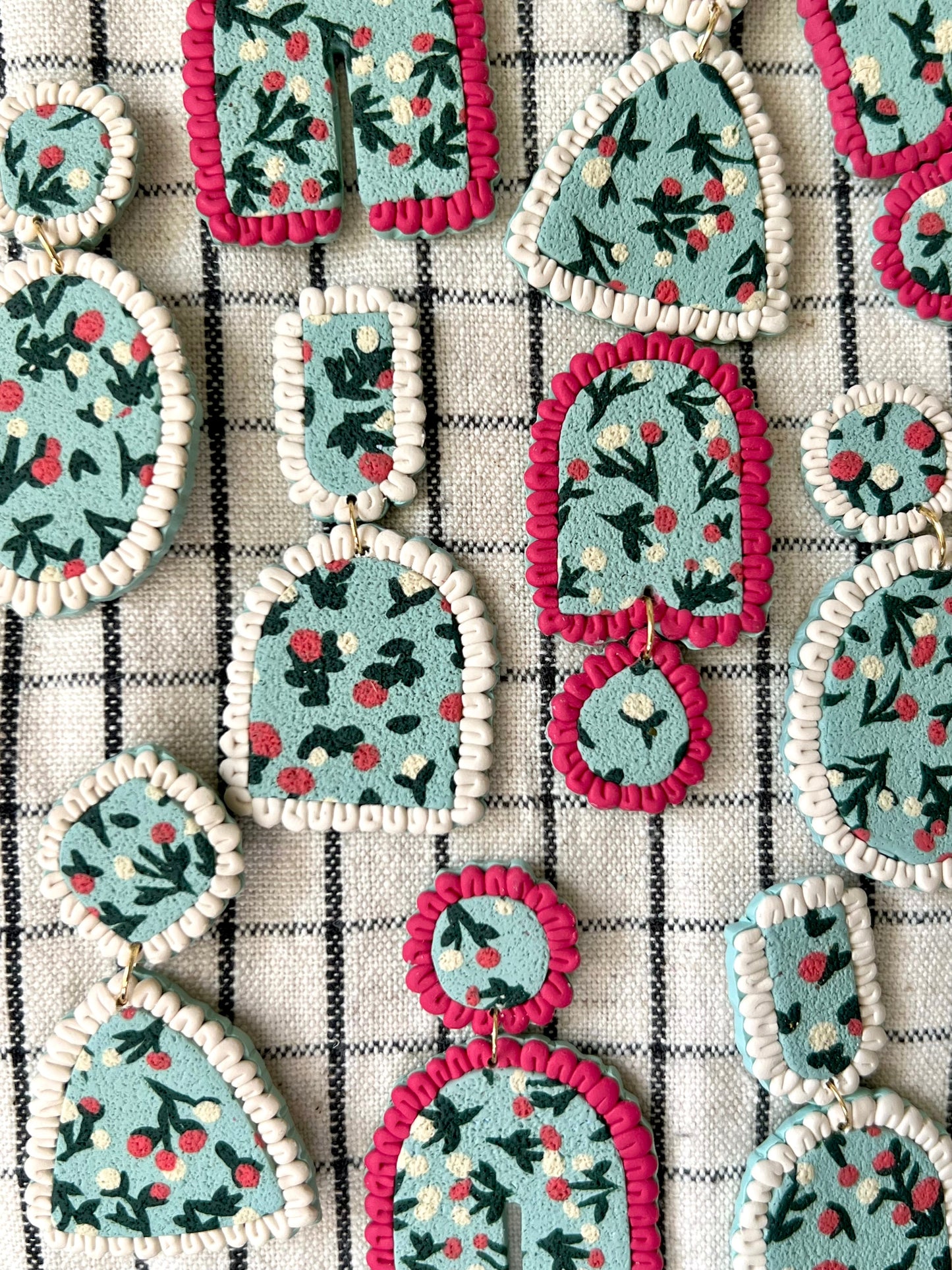 Blue Floral Pattern Doily Filled Arch Dangles