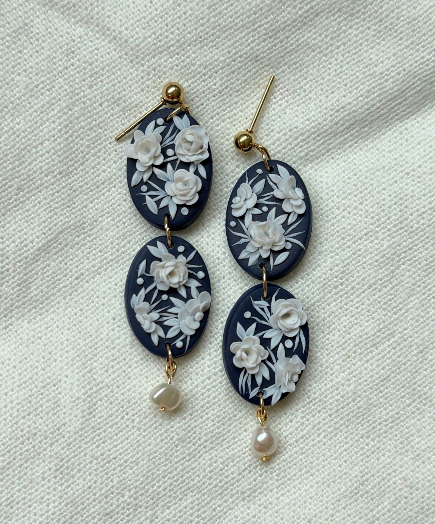 Delicate Blossoms Oval Drop Earrings with Freshwater Pearls