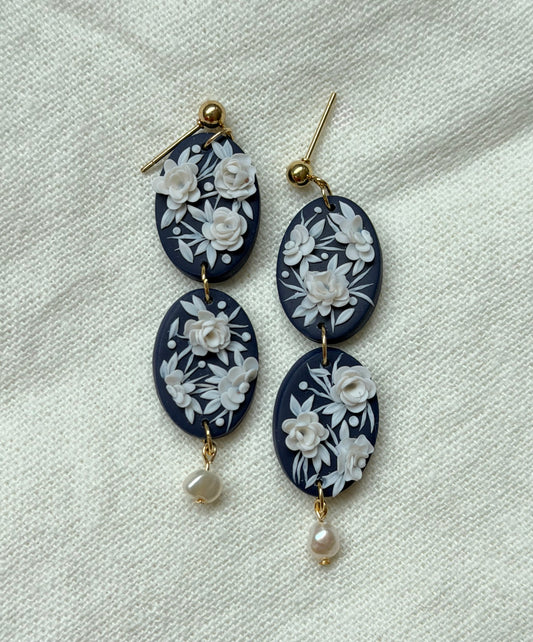 Delicate Blossoms Oval Drop Earrings with Freshwater Pearls