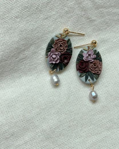 Dark Romantasy Oval Earrings with Freshwater Pearls