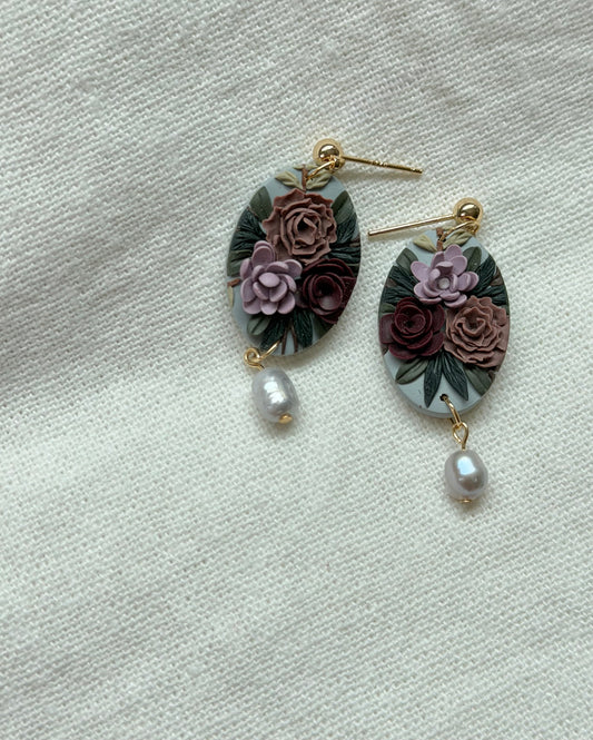 Dark Romantasy Oval Earrings with Freshwater Pearls