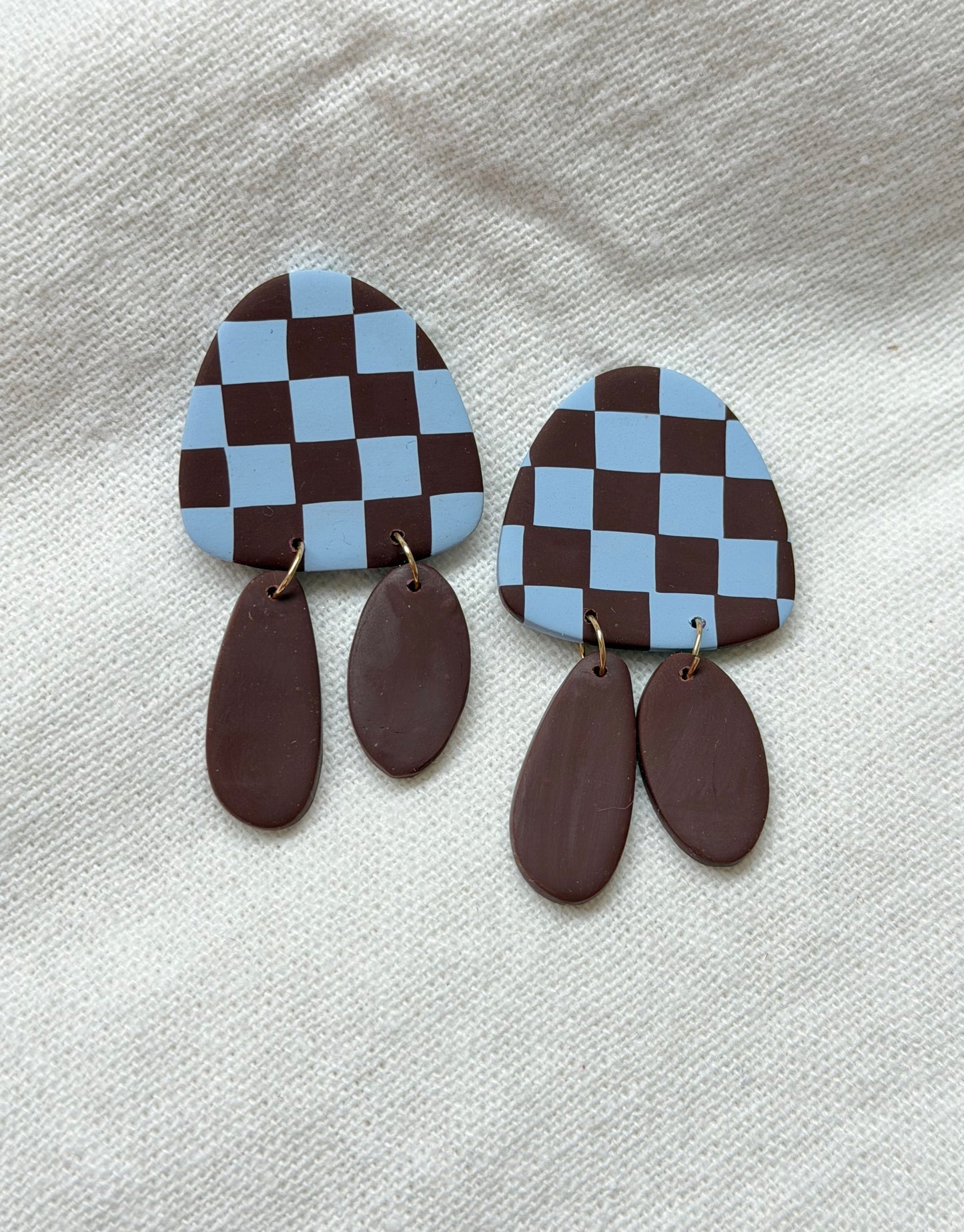 Blue & Brown Checkered Rounded Triangle Dangle Earrings