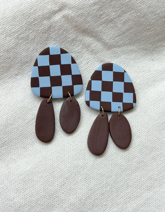 Blue & Brown Checkered Rounded Triangle Dangle Earrings