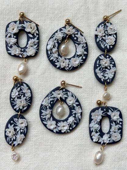 Delicate Blossoms Oval Drop Earrings with Freshwater Pearls