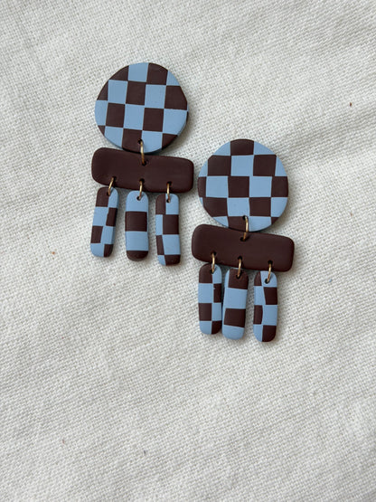 Blue & Brown Checkered Circle & Rectangle Dangle Earrings
