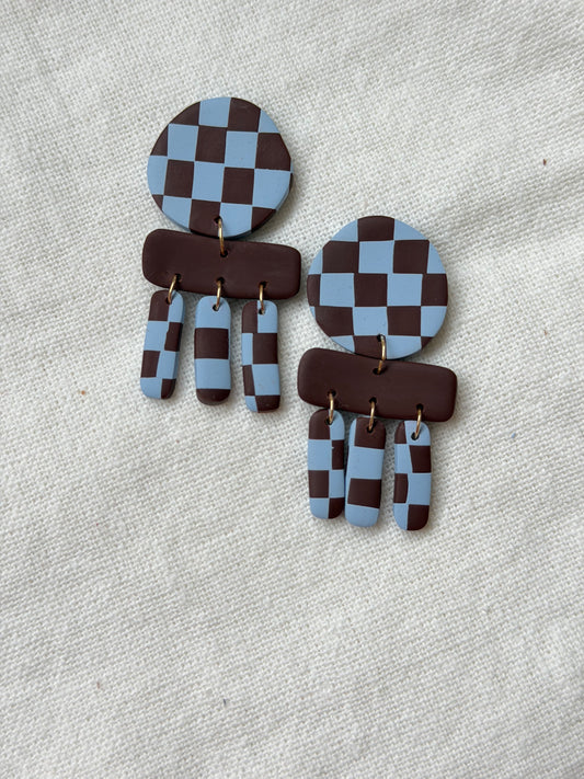 Blue & Brown Checkered Circle & Rectangle Dangle Earrings