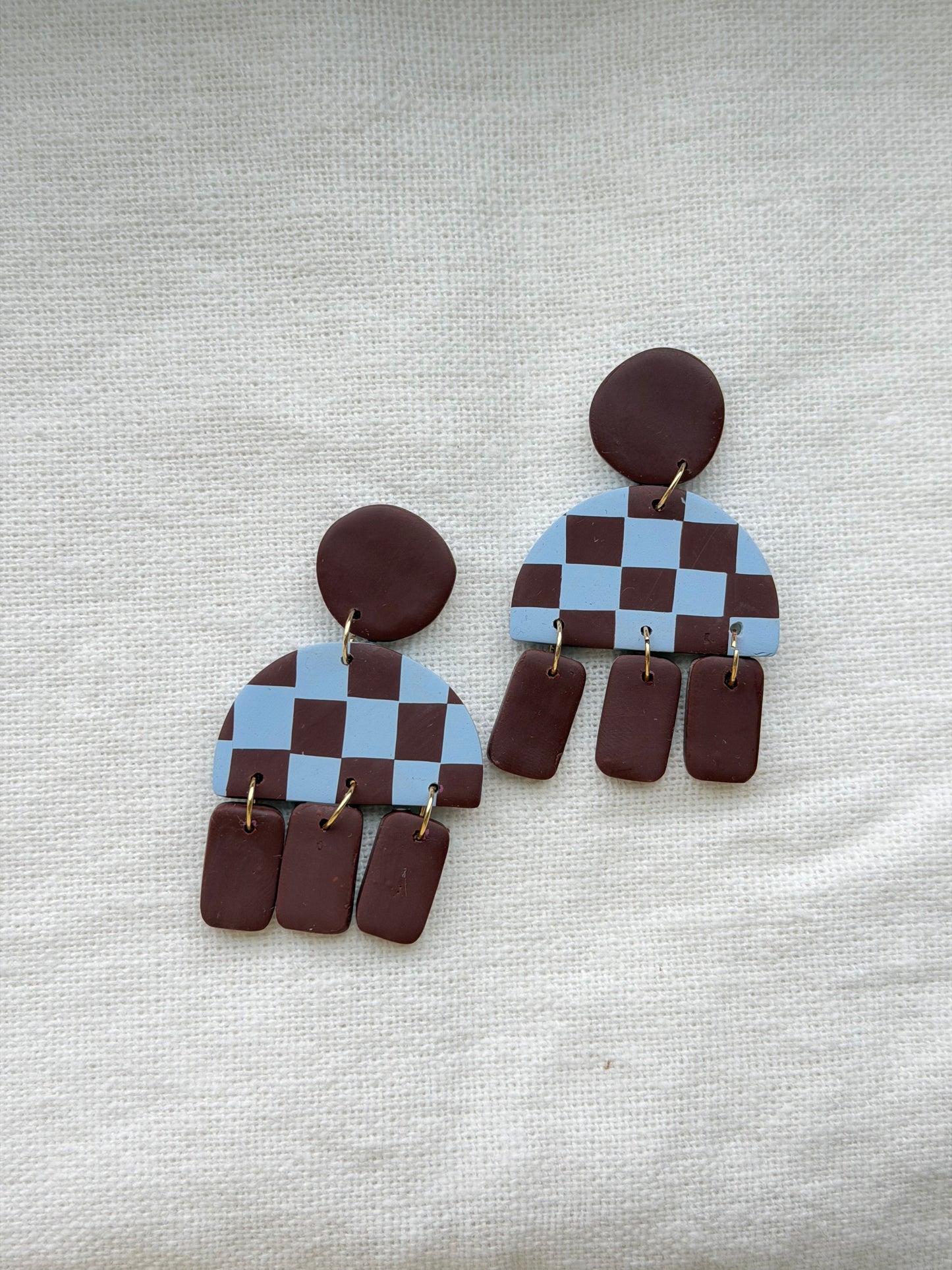 Blue & Brown Checkered Half Circle & Rectangle Dangle Earrings
