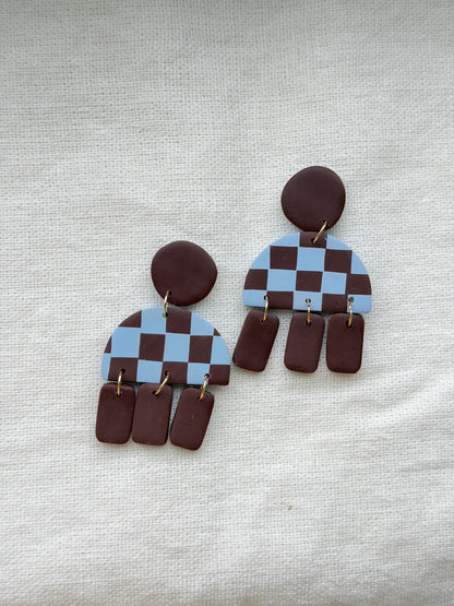 Blue & Brown Checkered Half Circle & Rectangle Dangle Earrings