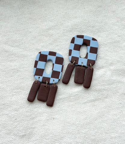 Blue & Brown Checkered Square Donut Hole Dangle Earrings