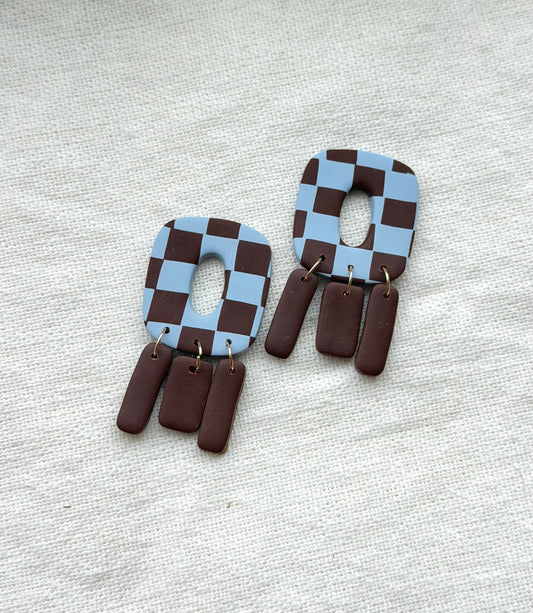 Blue & Brown Checkered Square Donut Hole Dangle Earrings