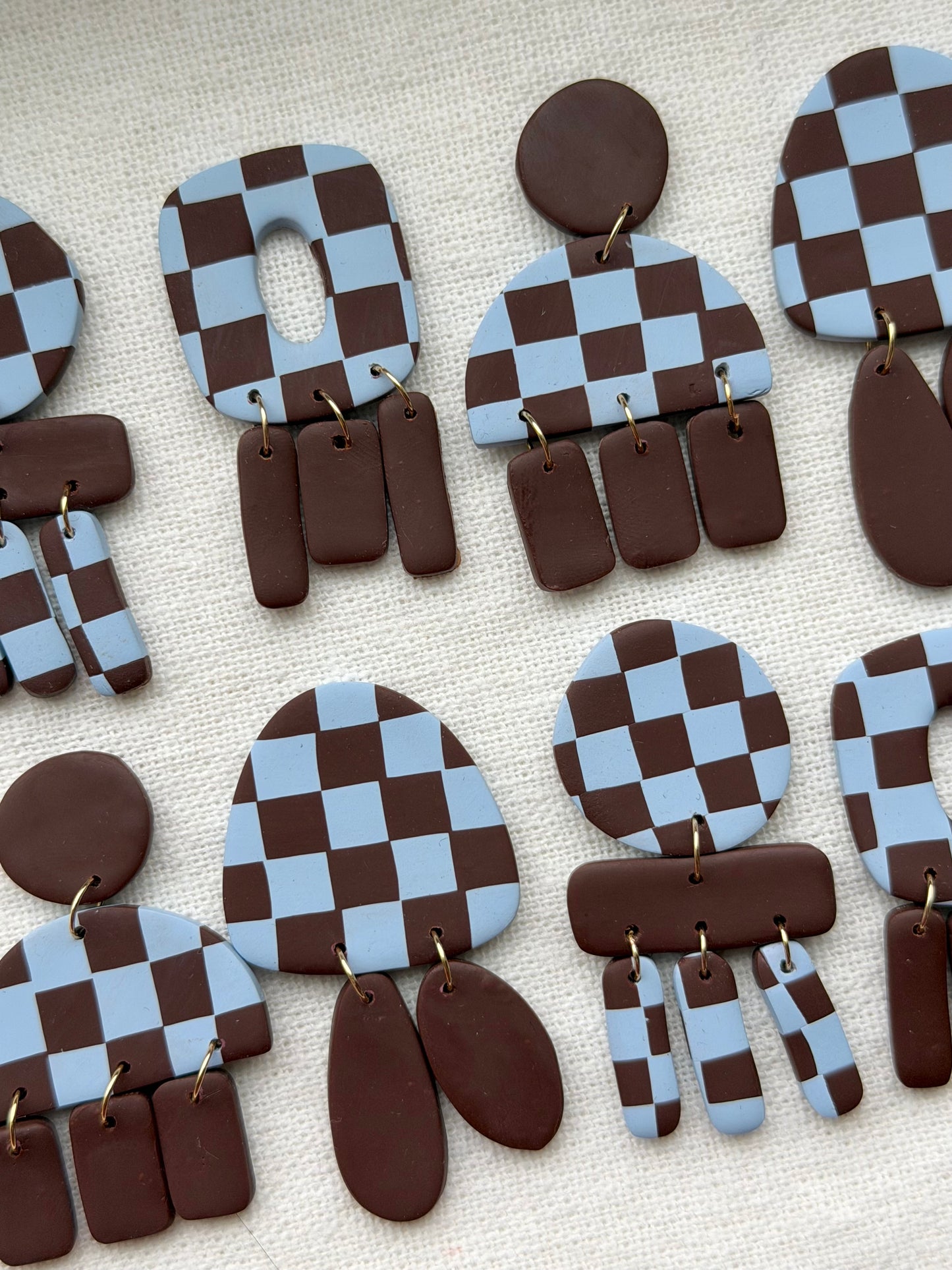 Blue & Brown Checkered Circle & Rectangle Dangle Earrings