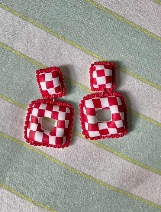 Granny Square Donut White and Red Checkered Earrings