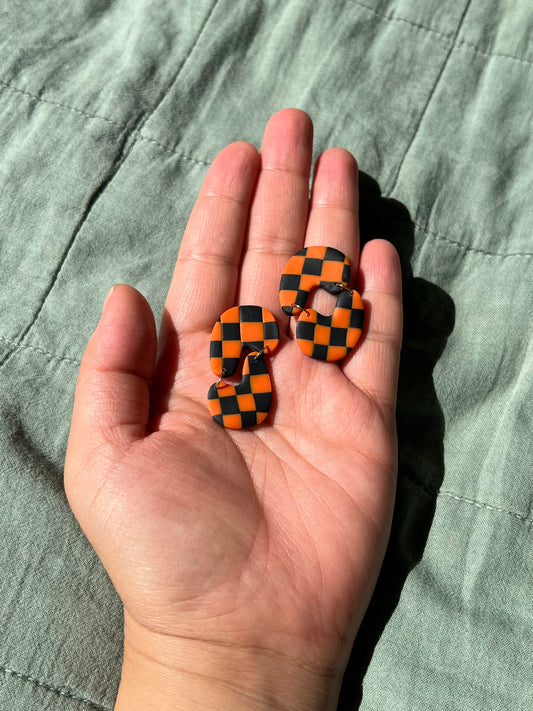 Orange & Black Checkered Comma Comma Dangle Studs