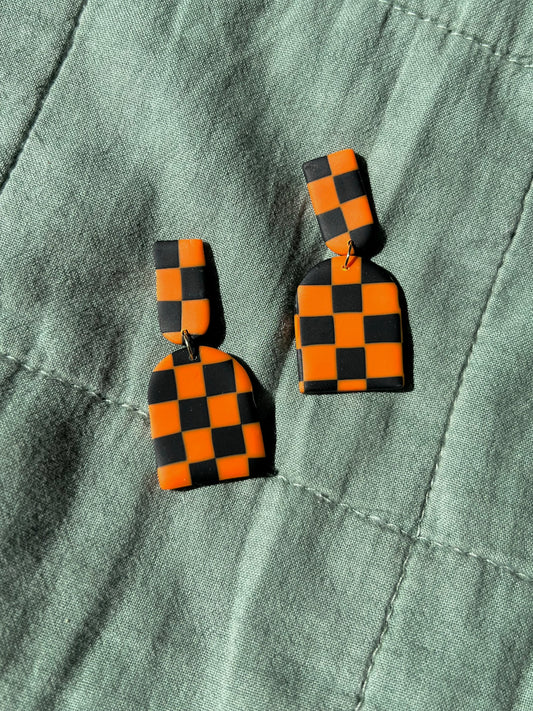 Orange & Black Checkered Solid Arch Dangles