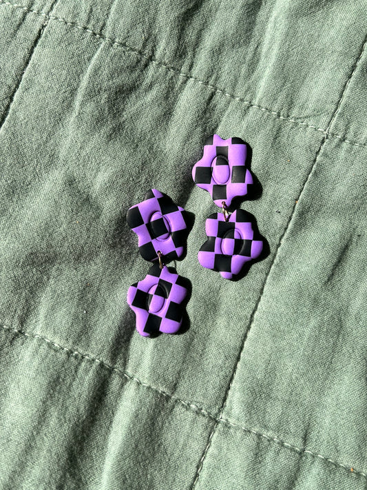 Black & Purple Checkered Flowers Dangles