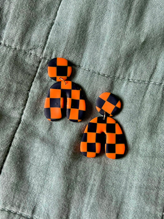 Orange & Black Checkered Curvy Arch Dangles