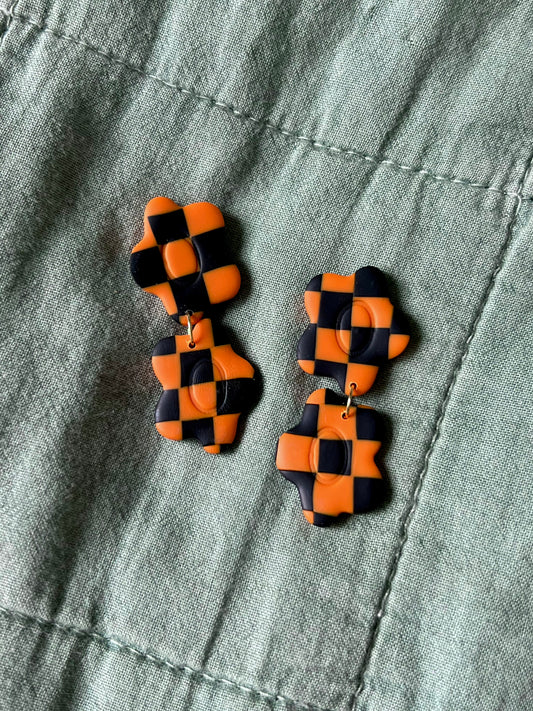 Orange & Black Checkered Small Flowers Dangles