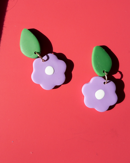 purple 6-petal medium flower earrings