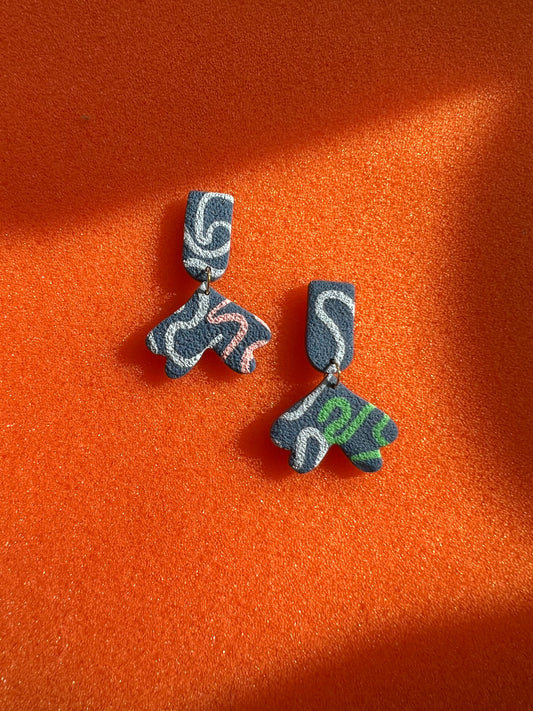 Doodles on Navy Tab and Tail Earrings