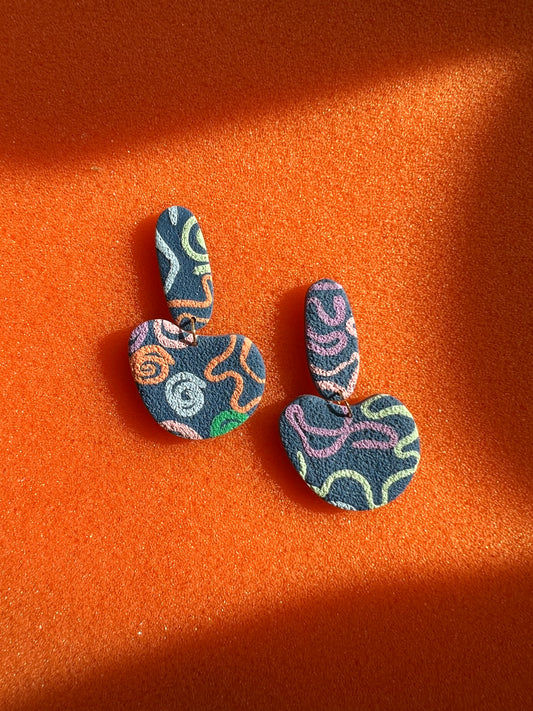 Doodles on Navy Drop and Blob Earrings