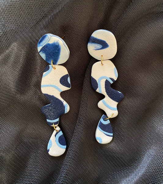 blue and white long abstract blob and drop earrings